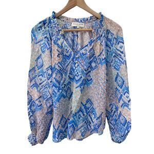 Hale Bob Blouse S Blue Silk‎ Blend Geometric Print Smocked Neck